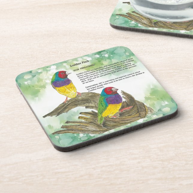 Farbenfrohe handbemalte goldene Finkenvögel Getränkeuntersetzer (Linke Seite)