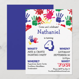 Farbenfrohe Handdrucke Kindergeburtstag Party Einladung