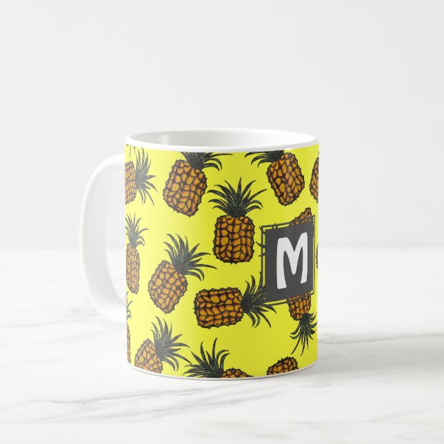 farbenfrohe handgemalte Ananas-Muster Kaffeetasse (Vorderseite Links)