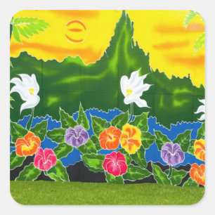 Farbenfrohe handgemalte Packungen. Moorea, Französ Quadratischer Aufkleber