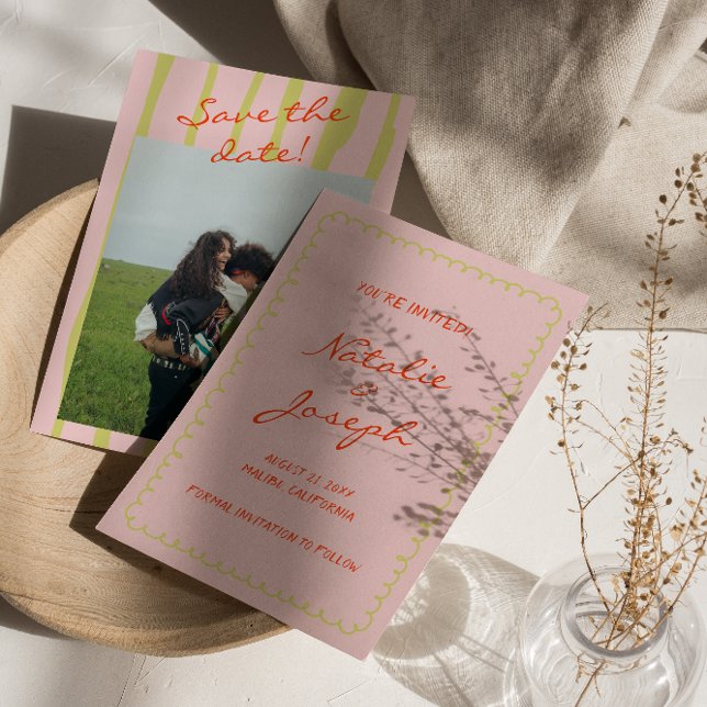 Farbenfrohe handgeschriebene Retro Pinstripe Foto  Save The Date (Von Creator hochgeladen)