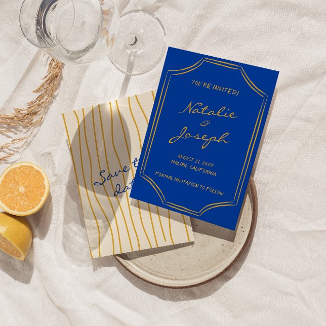 Farbenfrohe handgeschriebene Retro Pinstripe Itali Save The Date (Von Creator hochgeladen)