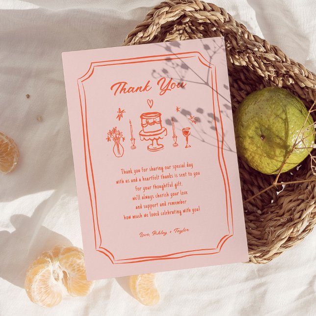 Farbenfrohe handgezogene Fun Retro-Hochzeit Dankeskarte (Von Creator hochgeladen)