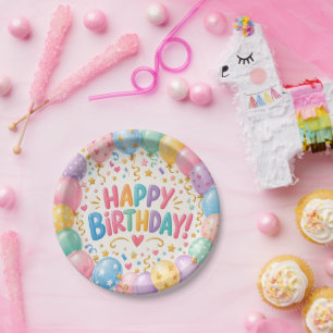Farbenfrohe Happy Birthday Ballon Papier Teller