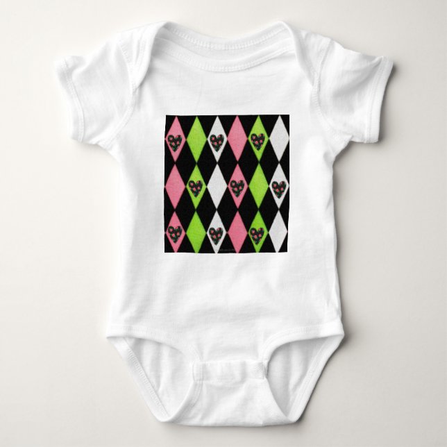 Farbenfrohe Harlequin Print mit Rose Herz Baby Strampler (Vorderseite)