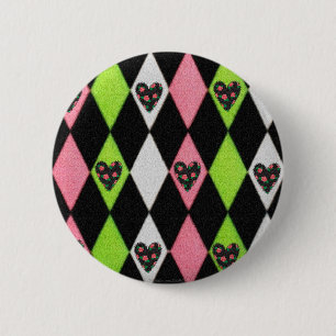 Farbenfrohe Harlequin Print mit Rose Herz Button