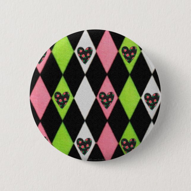Farbenfrohe Harlequin Print mit Rose Herz Button (Vorderseite)
