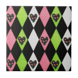 Farbenfrohe Harlequin Print mit Rose Herz Fliese