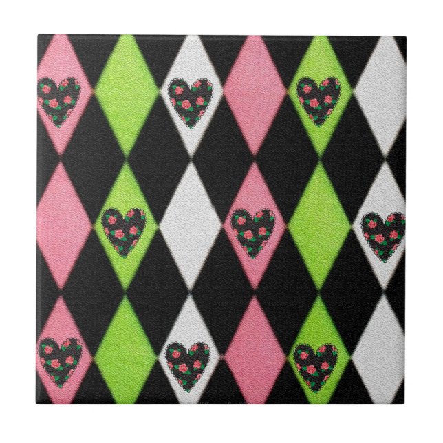 Farbenfrohe Harlequin Print mit Rose Herz Fliese (Vorderseite)