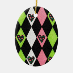Farbenfrohe Harlequin Print mit Rose Herz Keramikornament