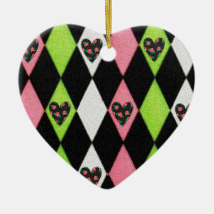 Farbenfrohe Harlequin Print mit Rose Herz Keramikornament