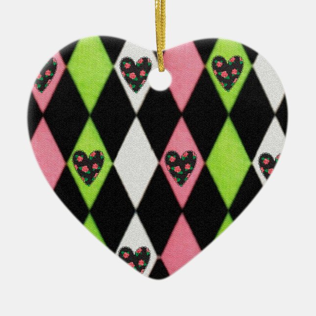 Farbenfrohe Harlequin Print mit Rose Herz Keramikornament (Vorne)