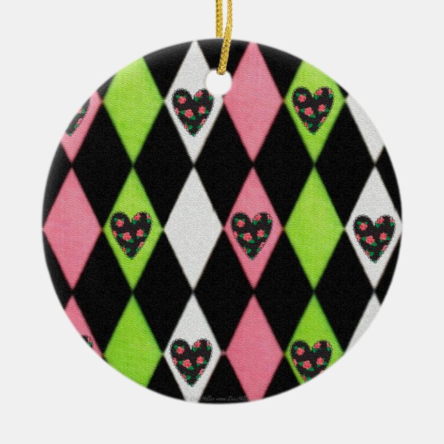 Farbenfrohe Harlequin Print mit Rose Herz Keramikornament (Vorne)