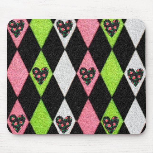 Farbenfrohe Harlequin Print mit Rose Herz Mousepad (Vorne)