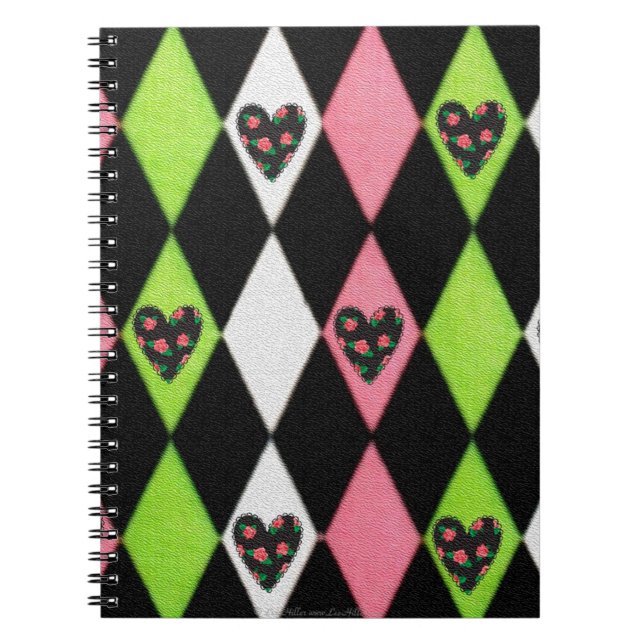 Farbenfrohe Harlequin Print mit Rose Herz Notizblock (Vorderseite)