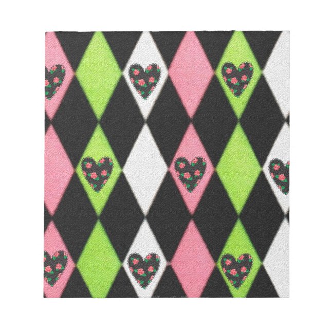 Farbenfrohe Harlequin Print mit Rose Herz Notizblock (Vorderseite)