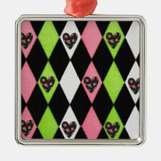Farbenfrohe Harlequin Print mit Rose Herz Ornament Aus Metall (Vorne)