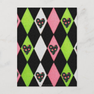 Farbenfrohe Harlequin Print mit Rose Herz Postkarte