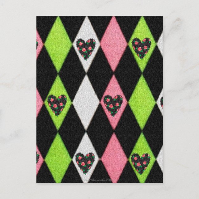 Farbenfrohe Harlequin Print mit Rose Herz Postkarte (Vorderseite)
