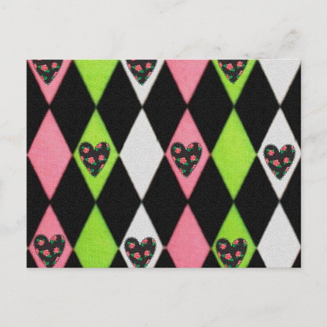 Farbenfrohe Harlequin Print mit Rose Herz Postkarte (Vorderseite)