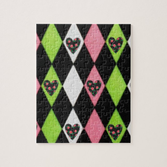 Farbenfrohe Harlequin Print mit Rose Herz Puzzle (Vertikal)