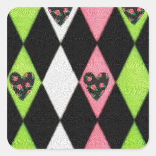 Farbenfrohe Harlequin Print mit Rose Herz Quadratischer Aufkleber