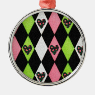 Farbenfrohe Harlequin Print mit Rose Herz Silbernes Ornament