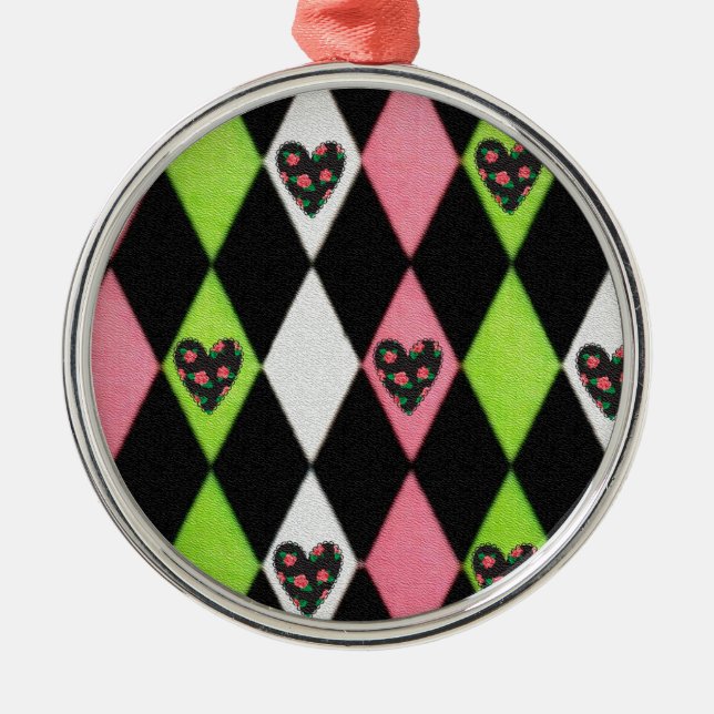 Farbenfrohe Harlequin Print mit Rose Herz Silbernes Ornament (Vorne)