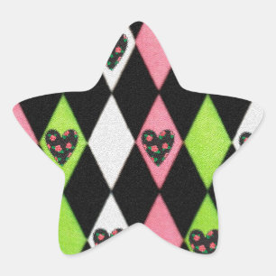 Farbenfrohe Harlequin Print mit Rose Herz Stern-Aufkleber