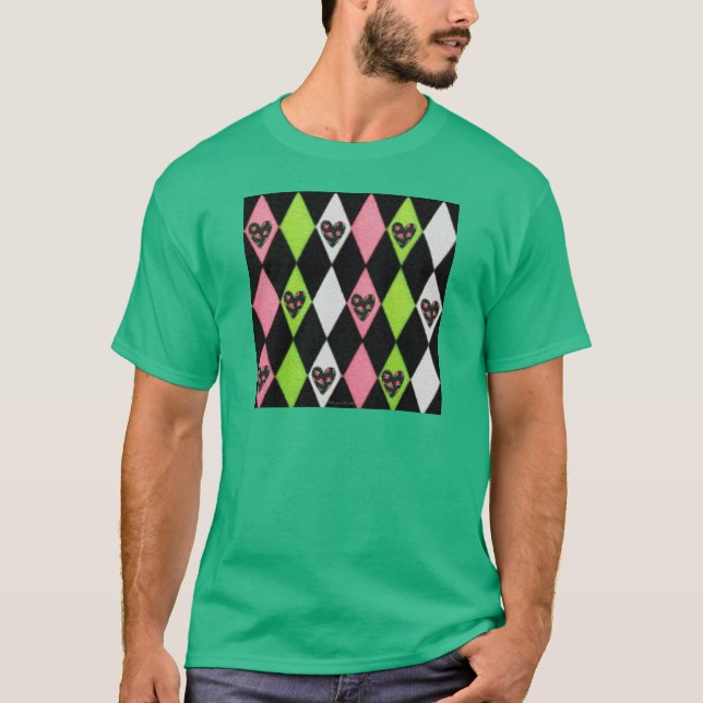 Farbenfrohe Harlequin Print mit Rose Herz T-Shirt (Vorderseite)
