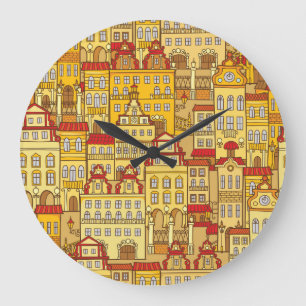 Farbenfrohe Häuser Vintages Stadtmuster Große Wanduhr