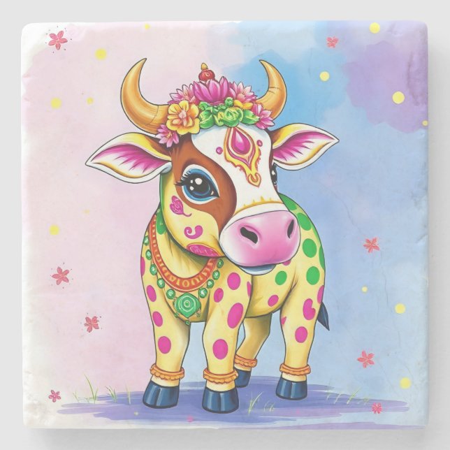 Farbenfrohe, heilige Diwali-Kühe in festlichen Ver Steinuntersetzer (Vorderseite)