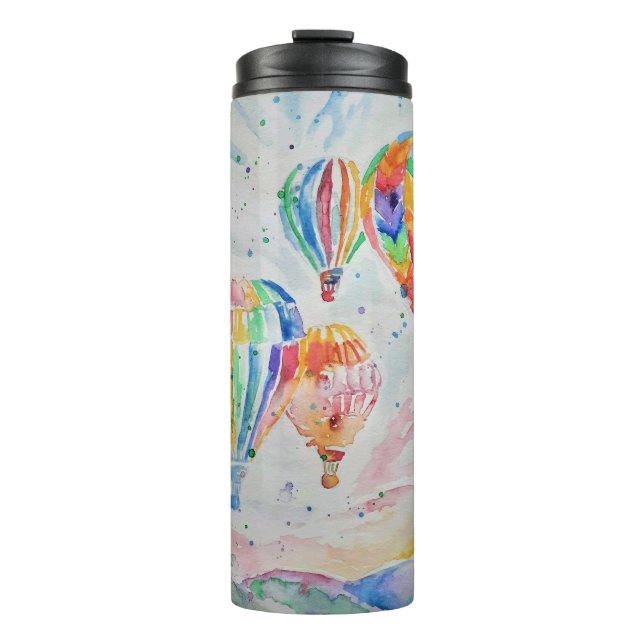 Farbenfrohe Heißluftballon Wasserfarben Design Thermosbecher (Vorderseite)