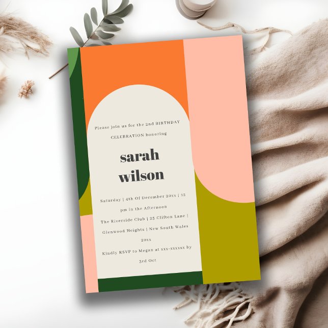 Farbenfrohe helle Groovy Retro Arche jedes Alter G Einladung (Von Creator hochgeladen)