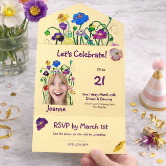 Farbenfrohe helle Poppy 21. Geburtstag All In One Einladung