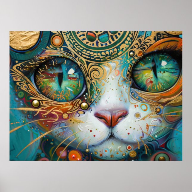 Farbenfrohe Helle Psychedelic Cat Face Wall Print Poster (Vorne)