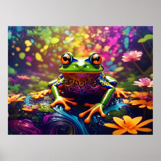 Farbenfrohe, helle Psychedelic Frosch Wall Print P Poster (Vorne)