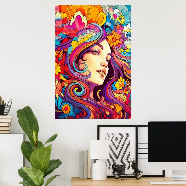 Farbenfrohe Helle Psychedelic Trippy Lady Wall Pri Poster (Heimbüro)
