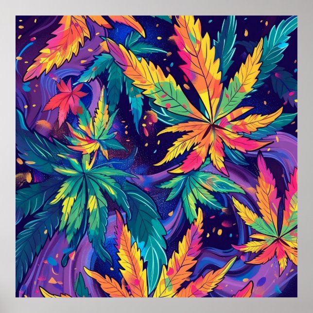 Farbenfrohe Helle Psychedelic Weed Wall Print Poster (Vorne)