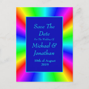 Farbenfrohe, helle Rainbow-Hochzeit retten das Dat Ankündigungspostkarte
