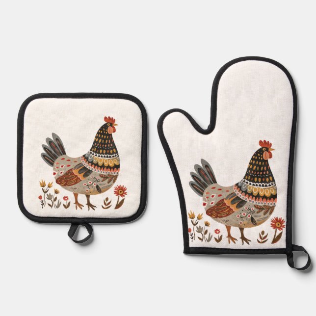 Farbenfrohe Hen Scandi Folk Art Ofenhandschuh & Topflappen-Set (Vorderseite)
