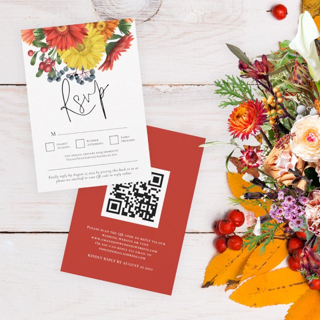Farbenfrohe Herbst-Florals QR-Code Hochzeit RSVP Karte (Von Creator hochgeladen)