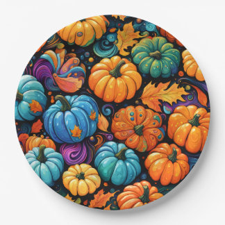 Farbenfrohe Herbst-Kürbis-Gartentasche Pappteller