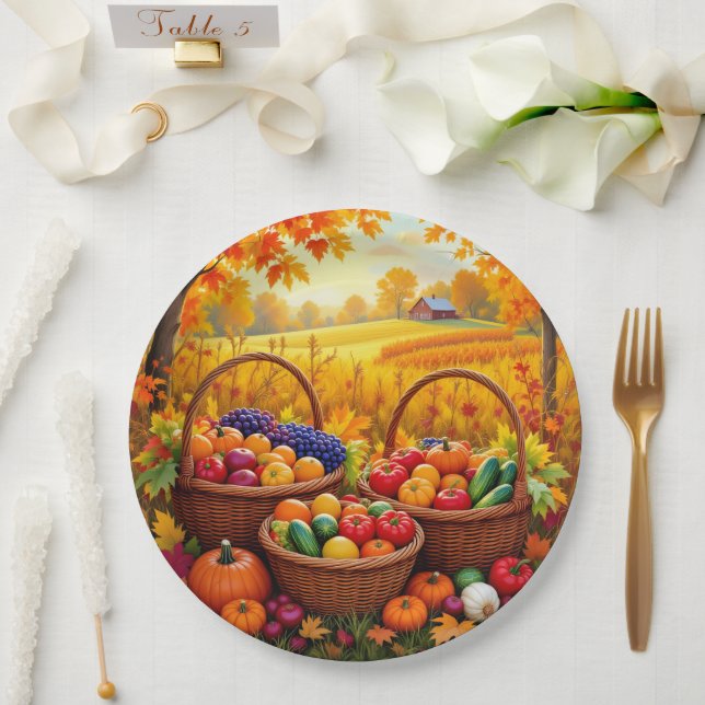 Farbenfrohe Herbsternte Körbe Pappteller (Hochzeit)