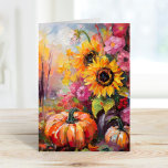 Farbenfrohe Herbstflorale und Pumpkins Karte<br><div class="desc">Ein lebendiges, modernes abstraktes Gemälde, das eine spielerische Anordnung von Kürbissen, Sonnenblumen und anderen Herbstpflanzen zeigt. Reiche Herbstfarben wie verbranntes Orange, tiefes Rot, Rosa und goldenes Gelb harmonieren mit sanften Pinselstrichen und kühnen Farbspritzen. Der abstrakte Stil verleiht dem traditionellen Thema der Herbsternte einen zeitgenössischen Flair, der die Wärme und Schönheit...</div>