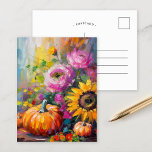 Farbenfrohe Herbstflorale und Pumpkins Postkarte<br><div class="desc">Ein lebendiges, modernes abstraktes Gemälde, das eine spielerische Anordnung von Kürbissen, Sonnenblumen und anderen Herbstpflanzen zeigt. Reiche Herbstfarben wie verbranntes Orange, tiefes Rot, Rosa und goldenes Gelb harmonieren mit sanften Pinselstrichen und kühnen Farbspritzen. Der abstrakte Stil verleiht dem traditionellen Thema der Herbsternte einen zeitgenössischen Flair, der die Wärme und Schönheit...</div>