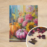 Farbenfrohe Herbstflorale und Pumpkins Puzzle<br><div class="desc">Ein lebendiges, modernes abstraktes Gemälde, das eine spielerische Anordnung von Kürbissen, Sonnenblumen und anderen Herbstpflanzen zeigt. Reiche Herbstfarben wie verbranntes Orange, tiefes Rot, Rosa und goldenes Gelb harmonieren mit sanften Pinselstrichen und kühnen Farbspritzen. Der abstrakte Stil verleiht dem traditionellen Thema der Herbsternte einen zeitgenössischen Flair, der die Wärme und Schönheit...</div>