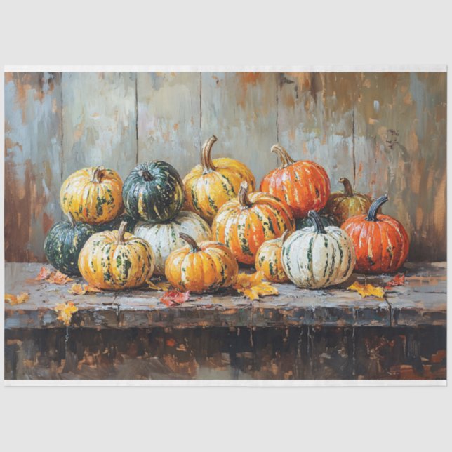 Farbenfrohe Herbstpumpen auf rustikaler Tafeldekou Seidenpapier (Vorderseite)