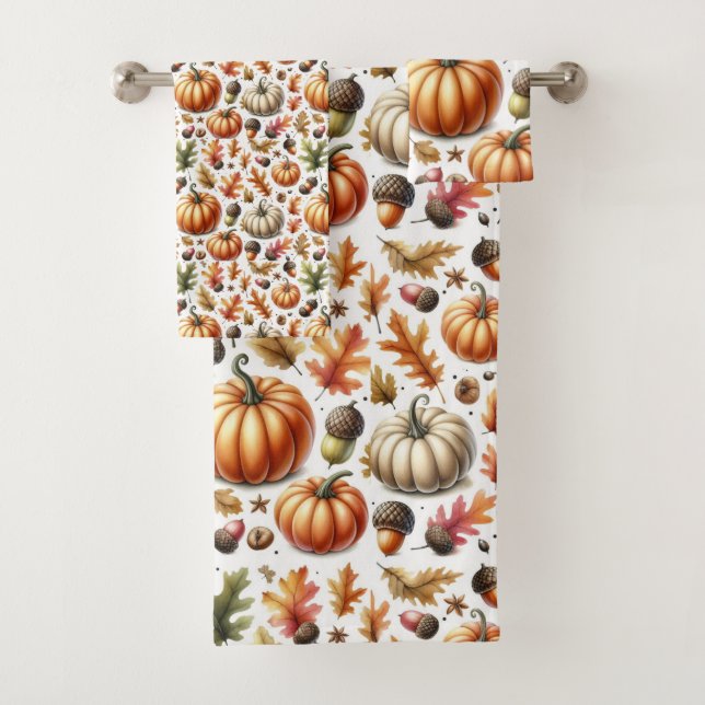 Farbenfrohe Herbstsaison Pumpkins und Blätter druc Badhandtuch Set (Insitu)
