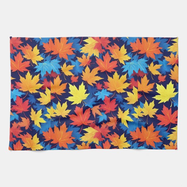Farbenfrohe Herbstüberreste im dunkelblauen Hinter Geschirrtuch (Horizontal)